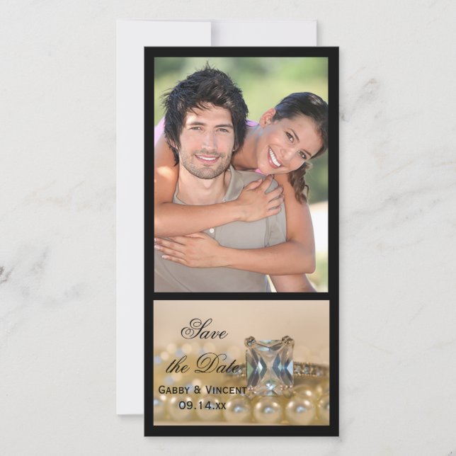 Princess Diamond Ring Pearls Wedding Save the Date (Front)