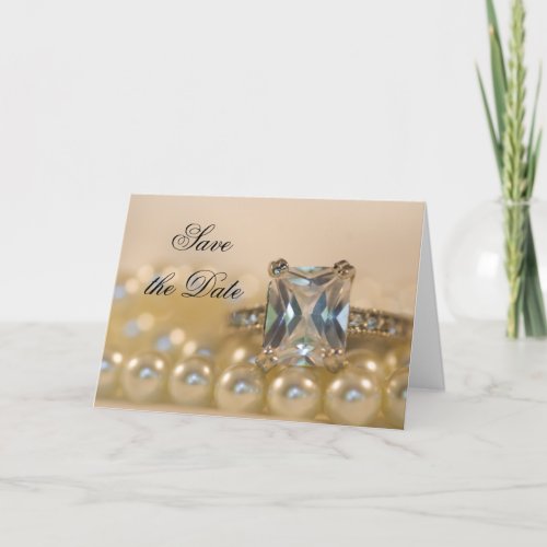 Princess Diamond Ring Pearls Wedding Save the Date Announcement