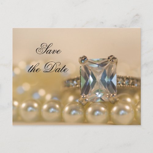 Princess Diamond Ring Pearls Wedding Save the Date Announcement Postcard