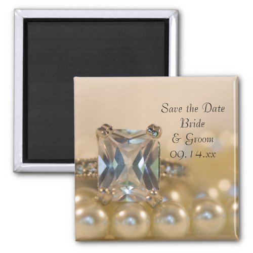 Princess Diamond Ring Pearls Wedding Save the Date Magnet