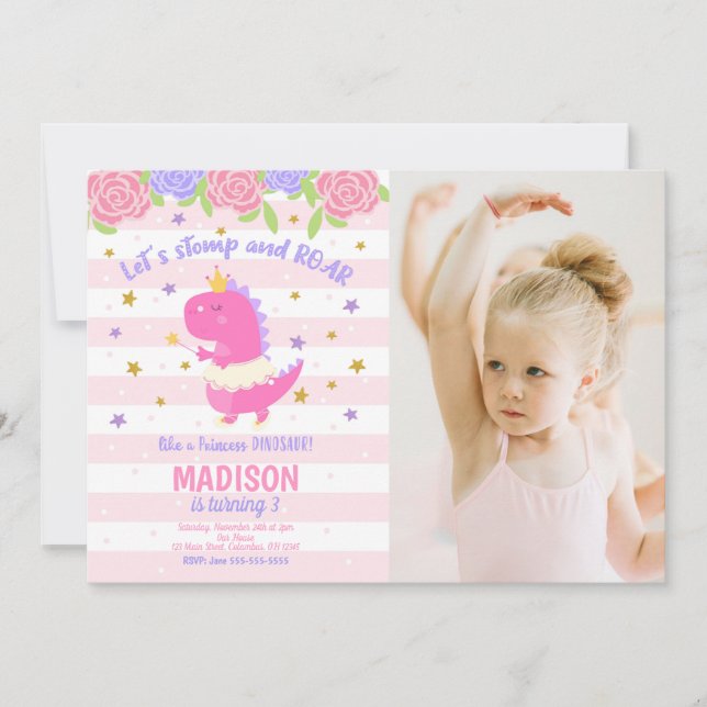 Princess Dinosaur Birthday Photo Invitation (Front)