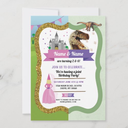 Princess  Dinosaur Boy Girl Birthday Dino Castle Invitation