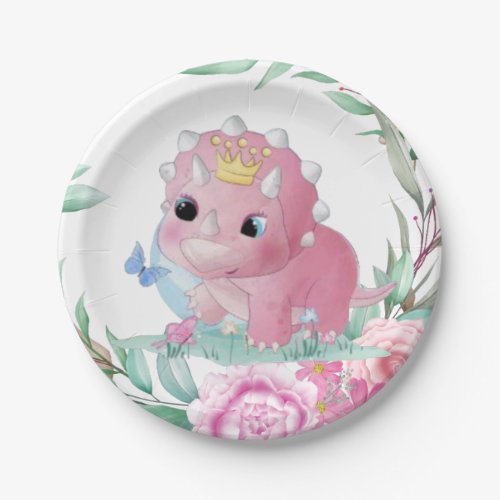 Princess Dinosaur Pink Peonies Baby Shower Paper Plates