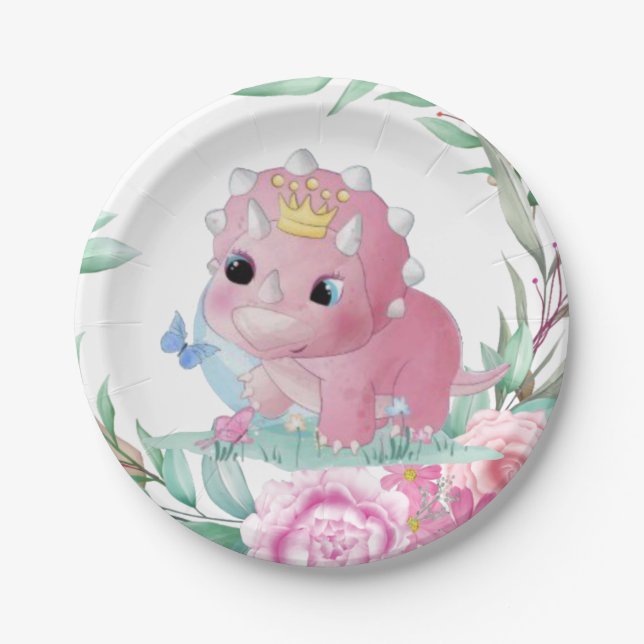 Princess Dinosaur Pink Peonies Baby Shower Paper Plates (Front)