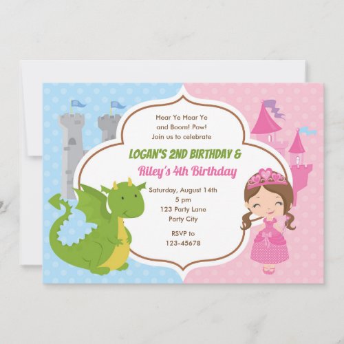 Princess  Dragon Birthday Invitations Twins Joint
