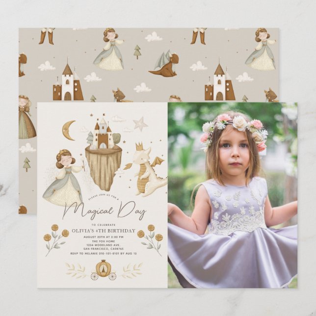 Princess & Dragon Boho Fairytale Birthday Photo Invitation (Front/Back)