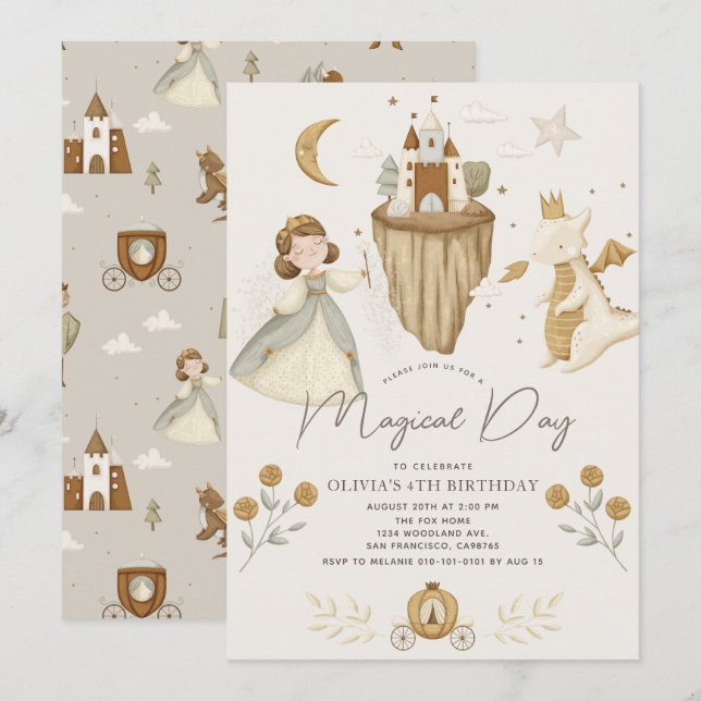Princess & Dragon Boho Fairytale Girl Birthday Invitation (Front/Back)