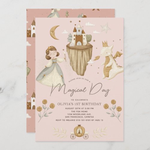 Princess  Dragon Boho Fairytale Pink 1st Birthday Invitation