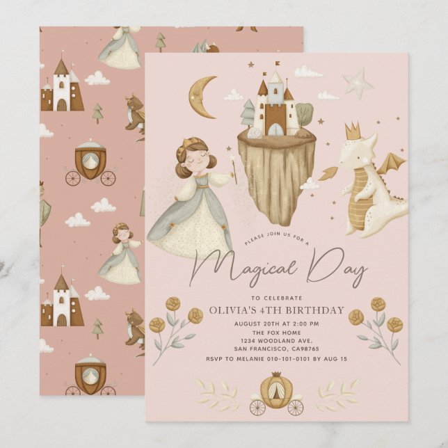 Princess & Dragon Boho Fairytale Pink Birthday Invitation (Front/Back)