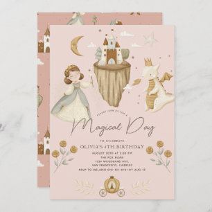 Princess & Dragon Boho Fairytale Pink Birthday Invitation