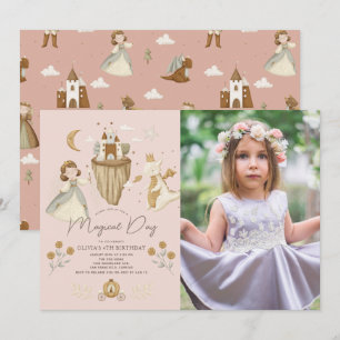 Princess Dragon Boho Fairytale Pink Birthday Photo Invitation