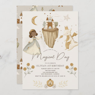 Princess Dragon Fairytale Dark Skin 1st Birthday Invitation