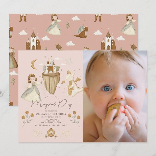 Princess Dragon Fairytale Pink 1st Birthday Photo Invitation (Front/Back)