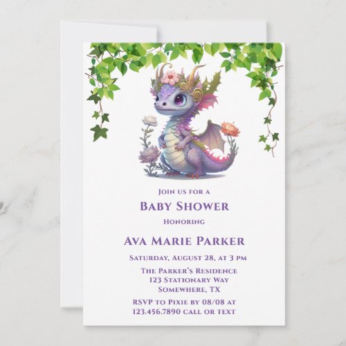 Princess Dragon Florals Girl Baby Shower Invitation
