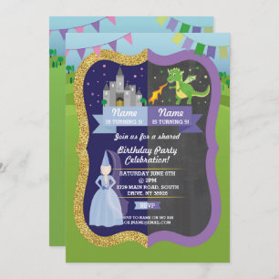 Princess & Dragon Shared Boy Girl Birthday Invites