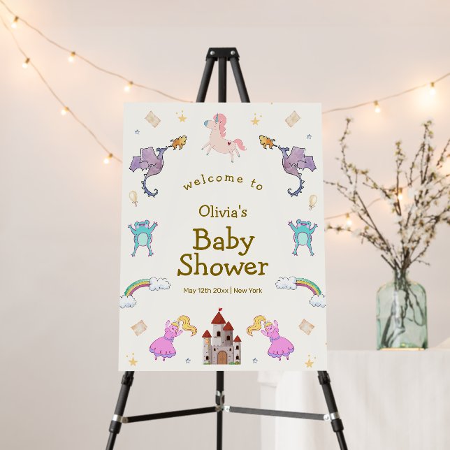 Princess Dragon Unicorn Baby Shower Welcome Sign  (In Situ (Stand))