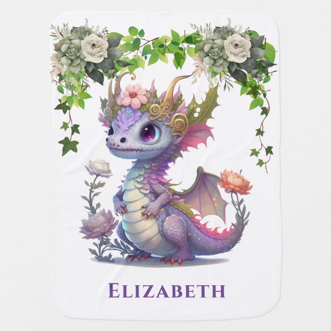 Princess Dragon with Florals Girl Baby Shower Baby Blanket (Front)