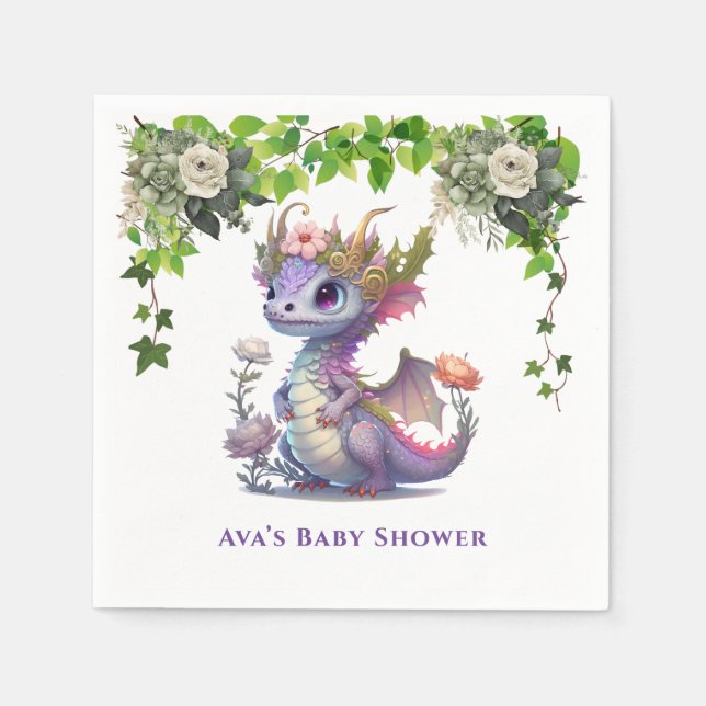 Princess Dragon with Florals Girl Baby Shower Napkins (Front)
