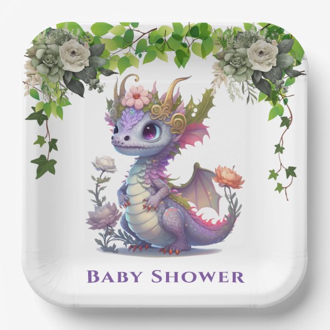 Princess Dragon with Florals Girl Baby Shower Paper Plates (Front)