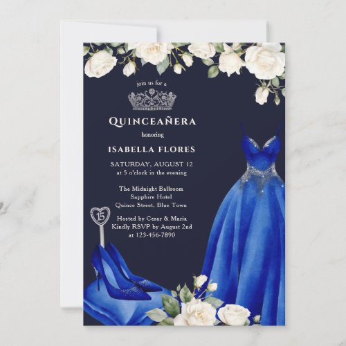Princess Dress and Roses Blue Quinceanera Invitation