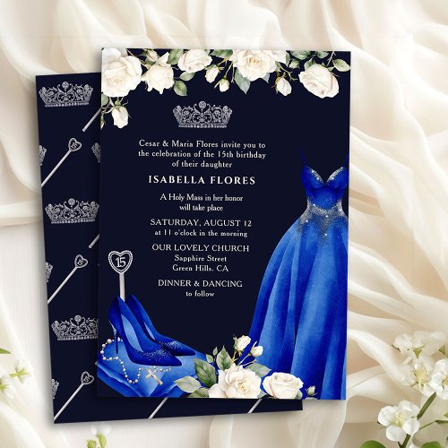 Princess Dress and Roses Blue Quinceanera Mass Invitation