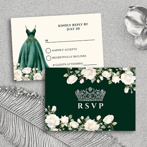 Princess Dress and Roses Emerald Green Quinceanera RSVP Card
