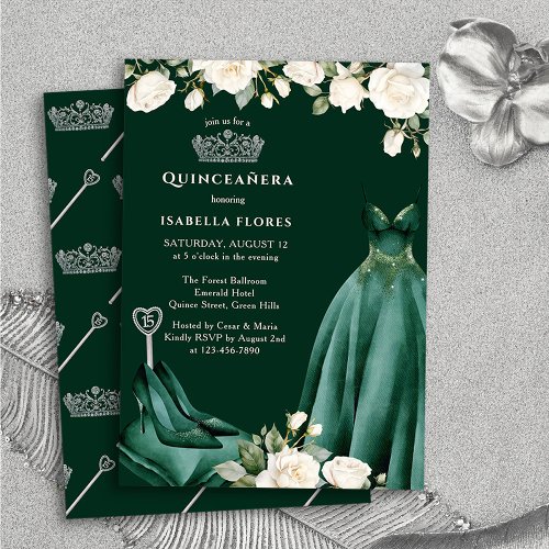 Princess Dress and Roses Green Quinceanera Invitation
