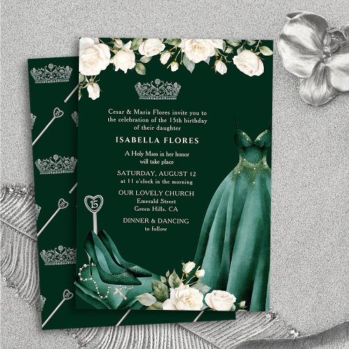 Princess Dress and Roses Green Quinceanera Mass Invitation