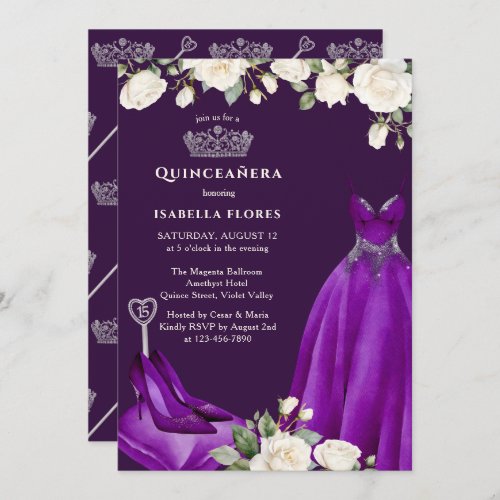 Princess Dress and Roses Purple Quinceanera Invitation