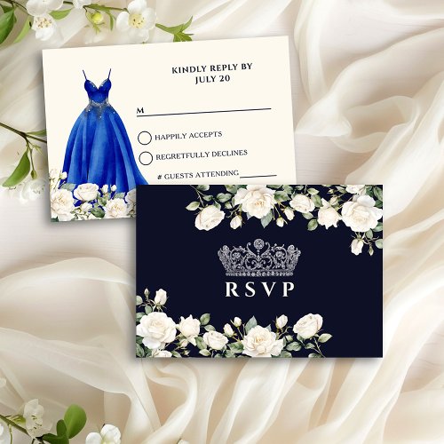 Princess Dress and Roses Royal Blue Quinceanera RSVP Card