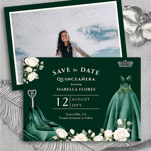 Princess Dress and White Roses Emerald Green Photo Save The Date