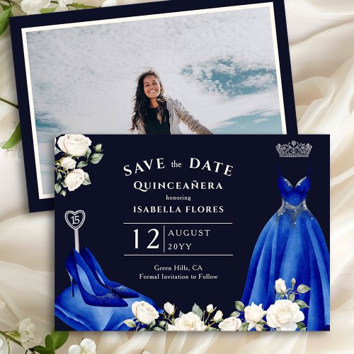 Princess Dress and White Roses Royal Blue Photo Save The Date