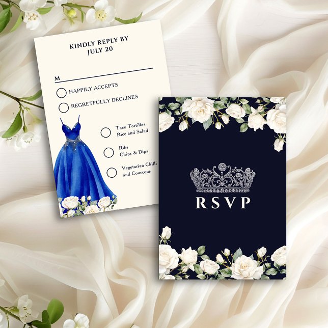 Princess Dress Blue Quinceanera Menu Options (RSVP Card from the Princess Dress and Roses Quinceanera collection by Darling & May)