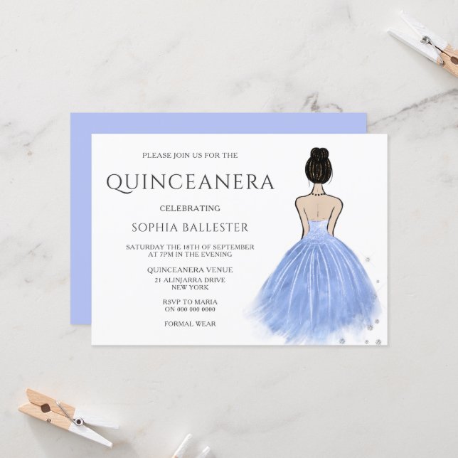 Princess Dress Blue Wonderland Quinceanera Party Invitation (Front/Back In Situ)