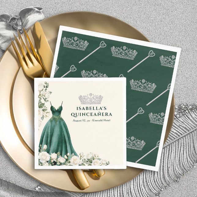 Princess Dress Emerald Green and Cream Floral Napkins (Cocktail Napkins from the Princess Dress and Roses Collection by Darling & May)