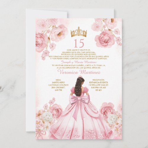 Princess Dress Gold Crown Floral XV Birthday Invitation