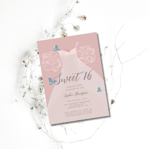 Princess Dress Pink Sweet Blue Butterfly 16 Party Invitation