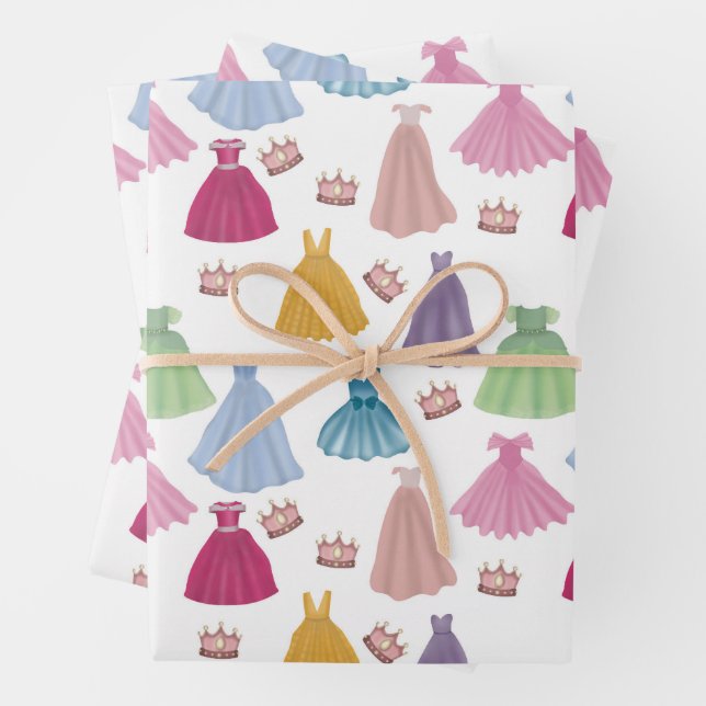 Princess Dresses Fairytale Little Girl Pattern Wrapping Paper Sheets (In situ)