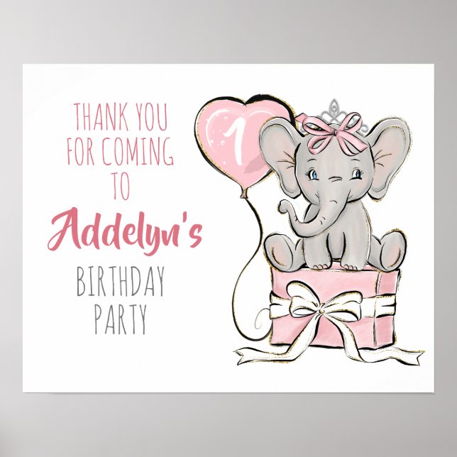 Princess Elephant Balloon Birthday Party Thank You Poster (Front)