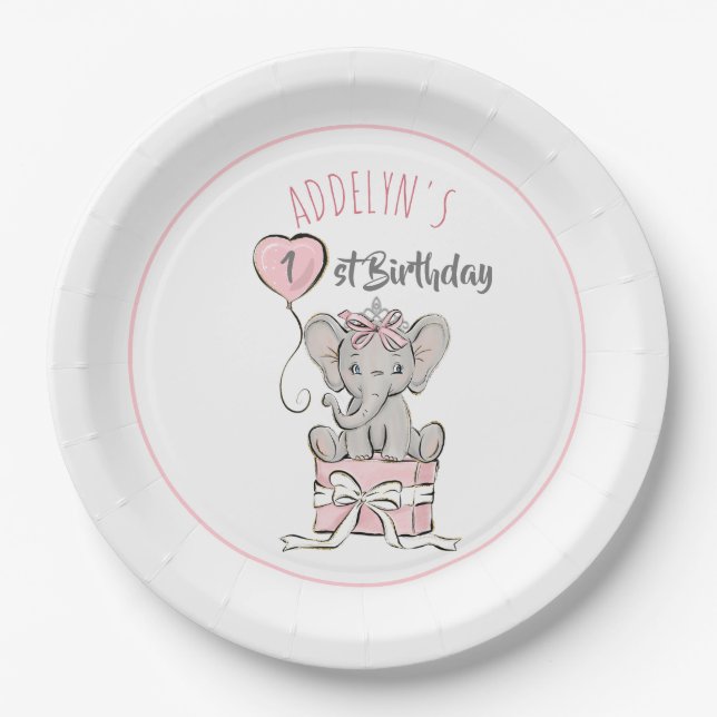 Princess Elephant Balloon Child's Birthday Paper Plates (Front)