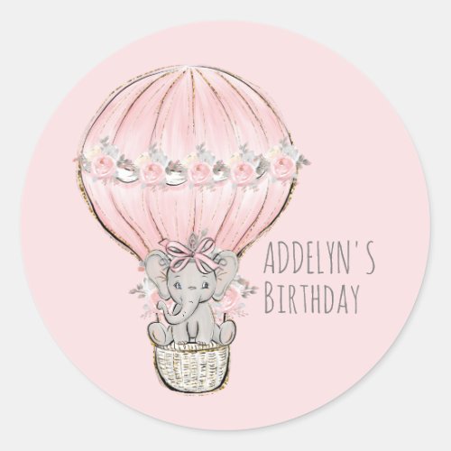 Princess Elephant Balloon Girls Birthday Name Classic Round Sticker