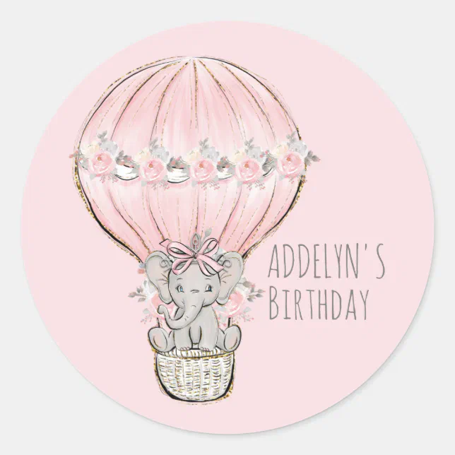 Princess Elephant Balloon Girl's Birthday Name Classic Round Sticker ...