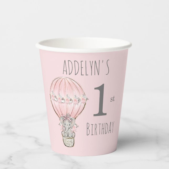 Princess Elephant Balloon Pink Gray 1st Birthday Paper Cups (Front)