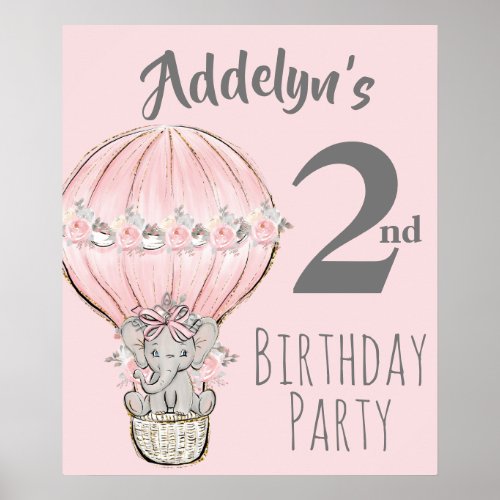 Princess Elephant Balloon Pink Gray 2nd Birthday Poster