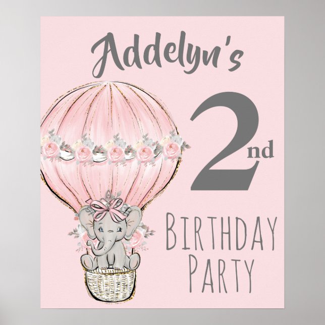Princess Elephant Balloon Pink Gray 2nd Birthday Poster (Front)