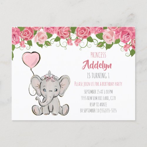 Princess Elephant Childs 1st Birthday Pink Floral Invitation Postcard