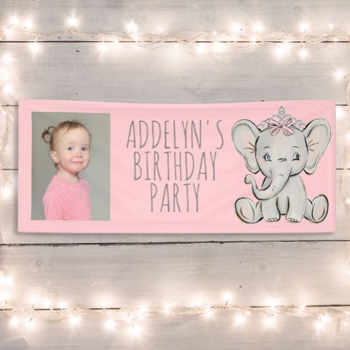 Princess Elephant Childs Birthday Name Photo Banner