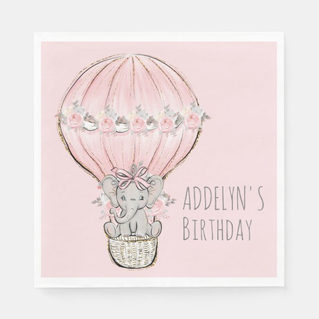 Princess Elephant Hot Air Balloon Girl's Birthday Napkins (Front)
