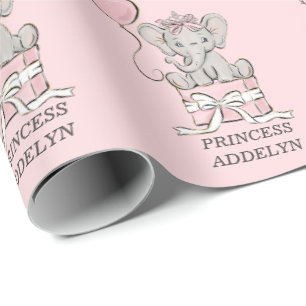 Princess Elephant Pink Balloon Child's Name Wrapping Paper