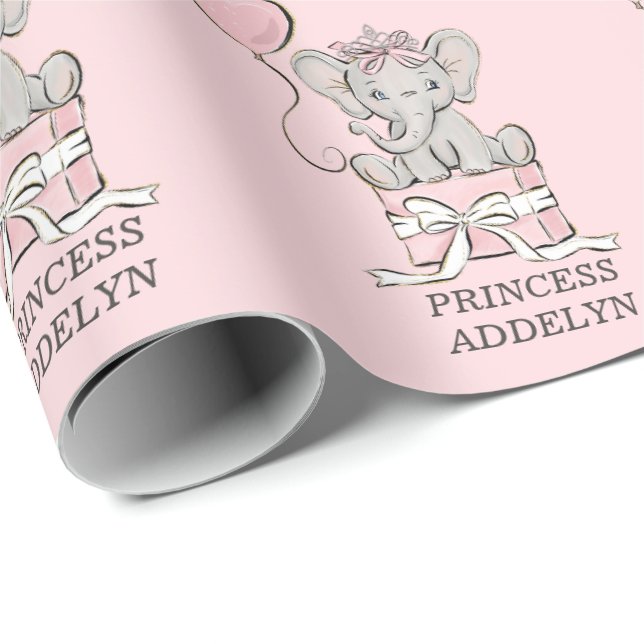 Princess Elephant Pink Balloon Child's Name Wrapping Paper (Roll Corner)